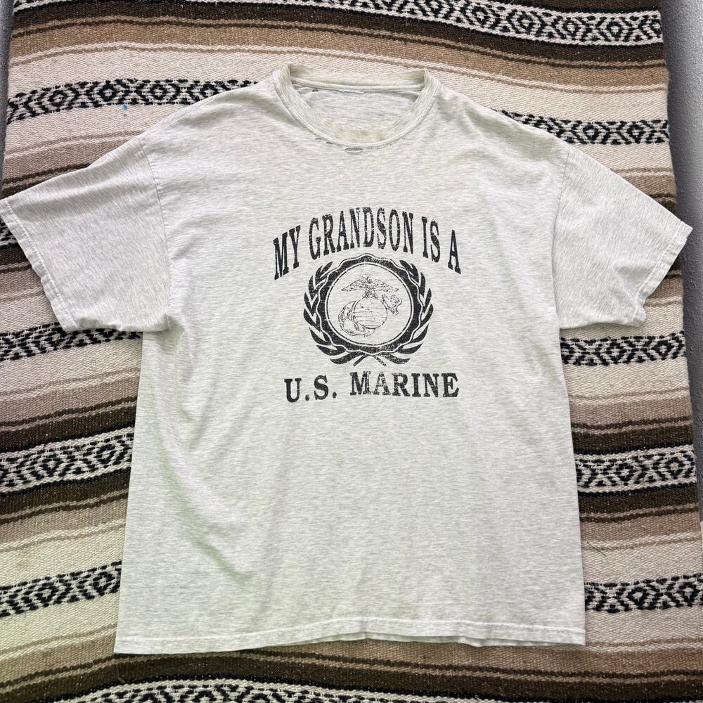 Vintage 90's My Grandson is a US Marine Crest Gray Black Distressed Shirt Sz XL